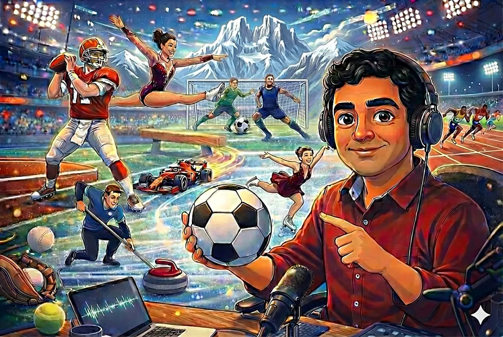 Ilustración de JC, creador de 'Cachando la Bola', rodeado de elementos de deportes como fútbol, fútbol americano, curling, gimnasia artística, patinaje artístico, atletismo de 100 metros y automovilismo de 'Fórmula 1', con el Monte Olímpo de fondo.